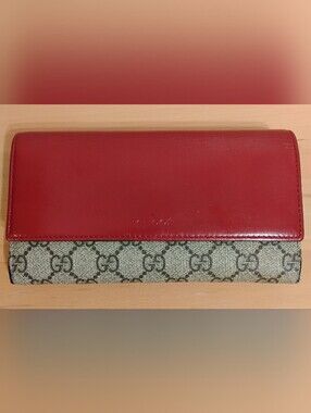 GUC Gucci Continental Wallet - Red Leather, GG Canvas, Dusty Pink Interior